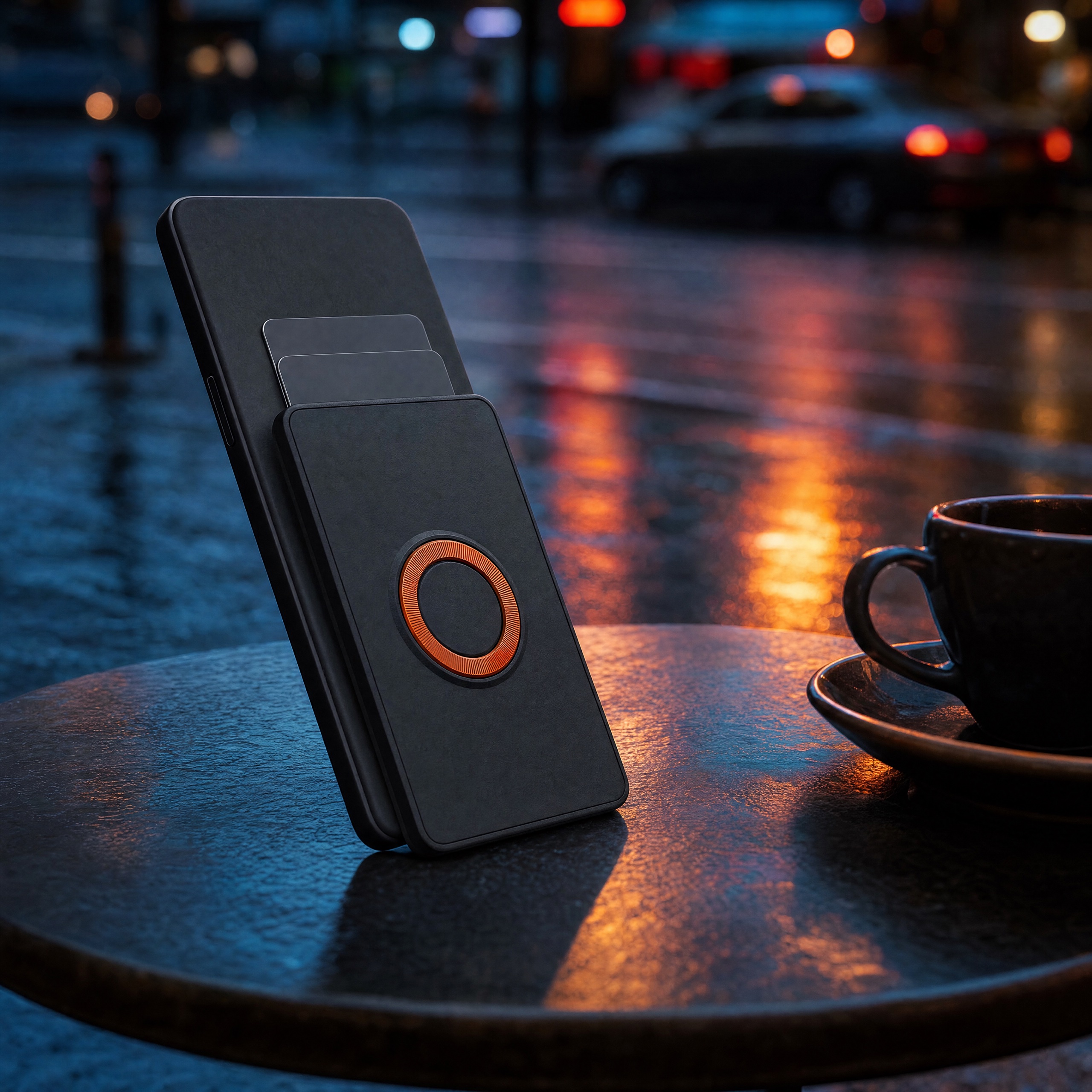 Wallet module at a cafe table