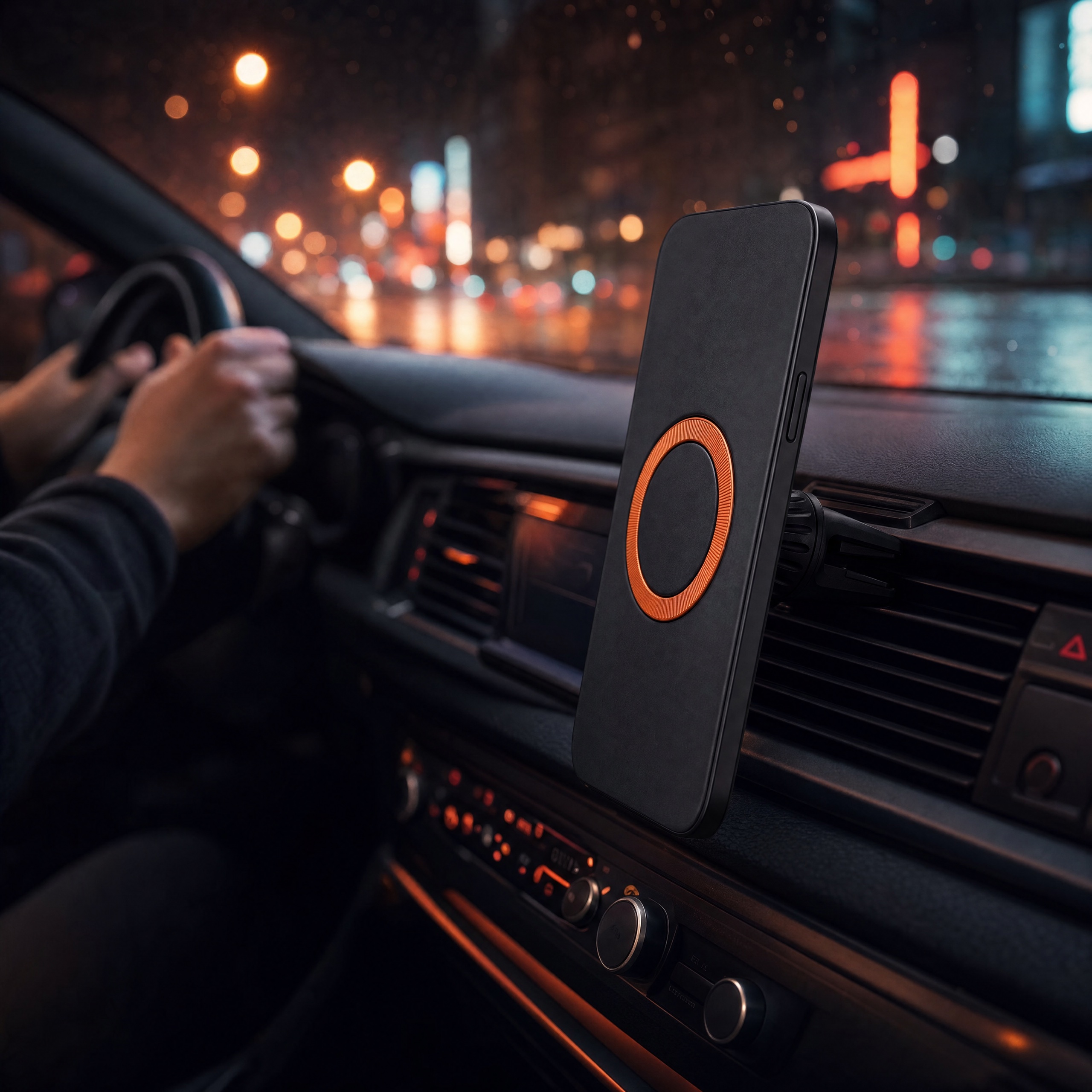 Car vent mount on a night drive