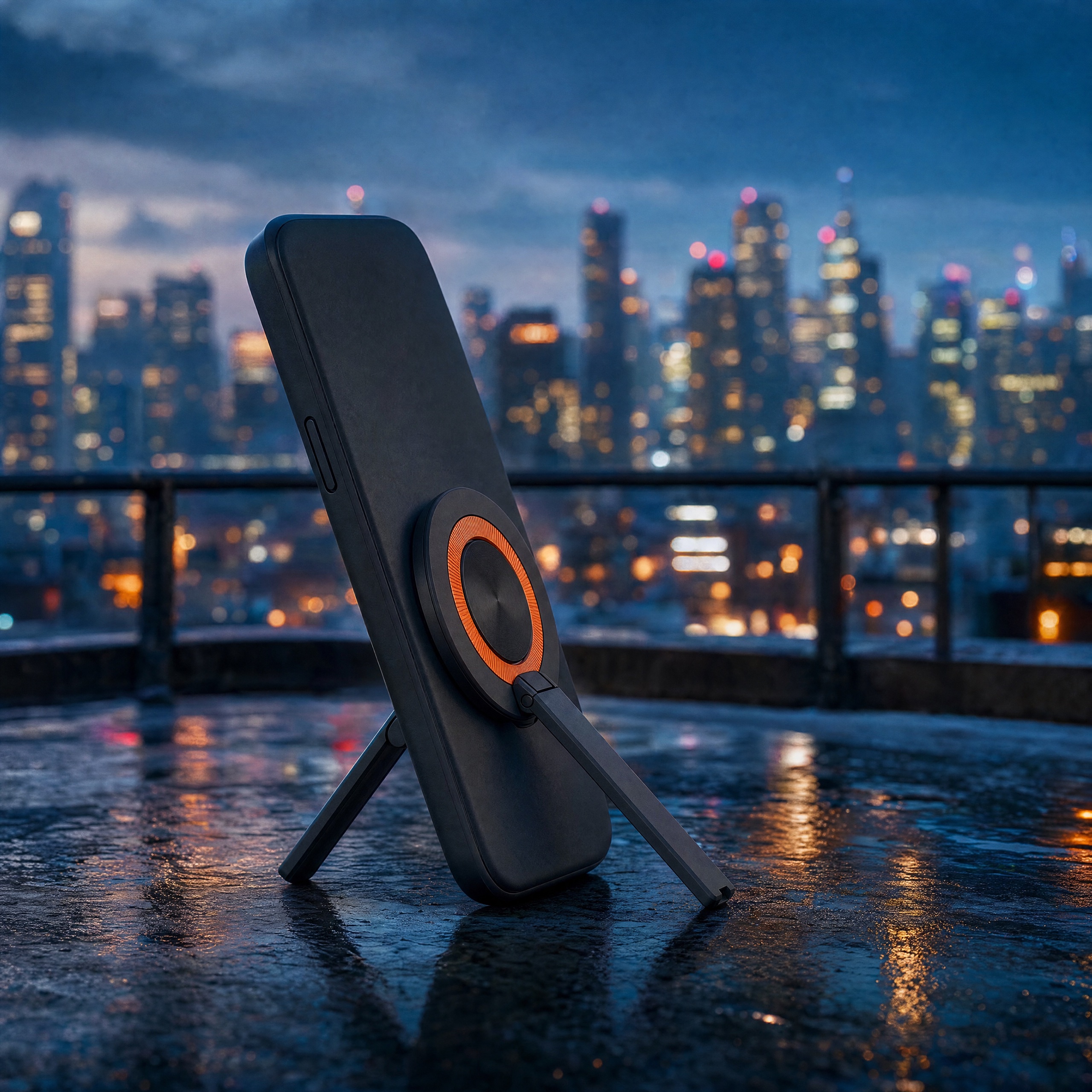 Tripod kickstand filming a skyline at blue hour