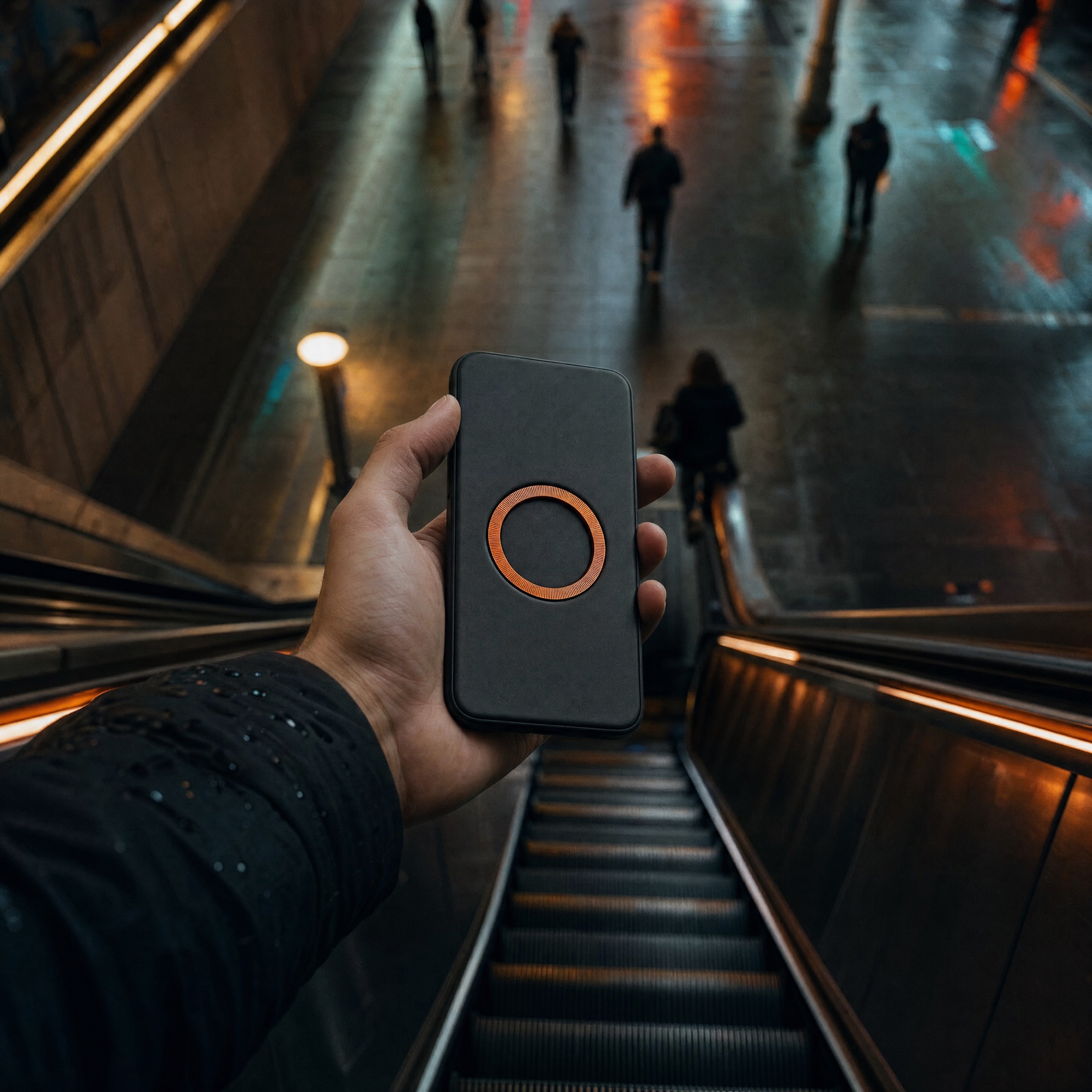 ORBIT case on a subway escalator