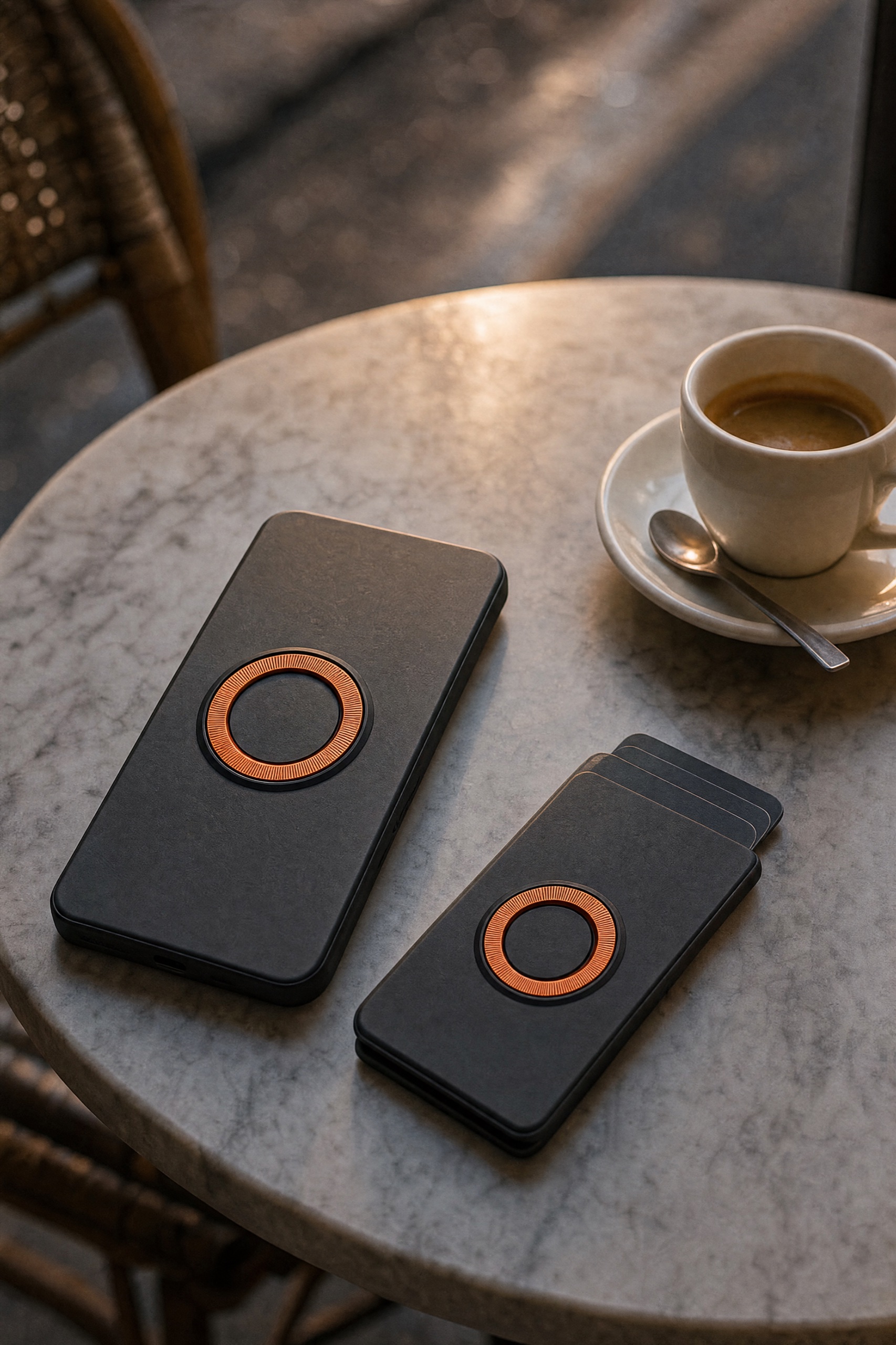 ORBIT wallet module on a cafe table