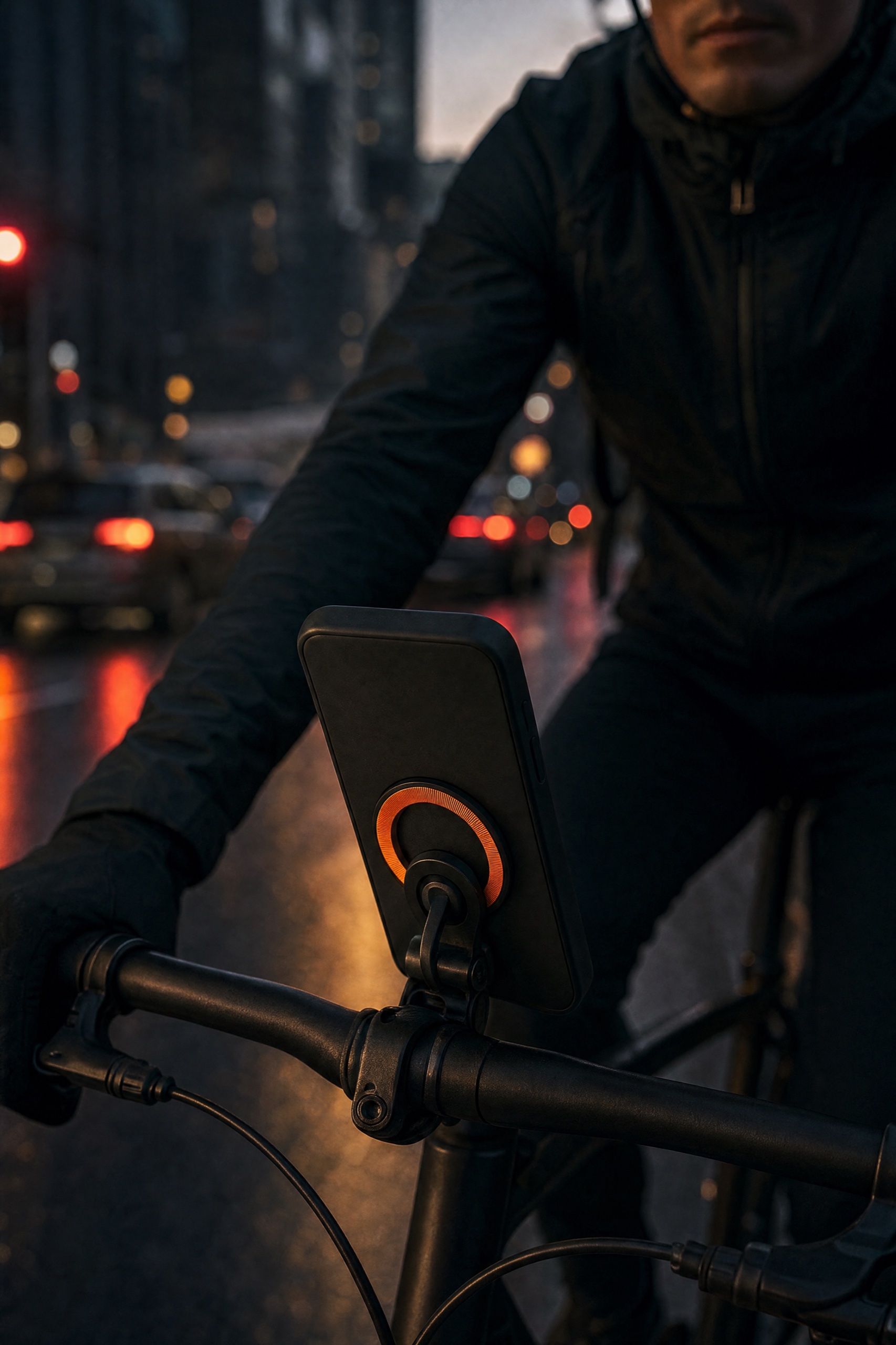 Cyclist commuting with the ORBIT bike mount