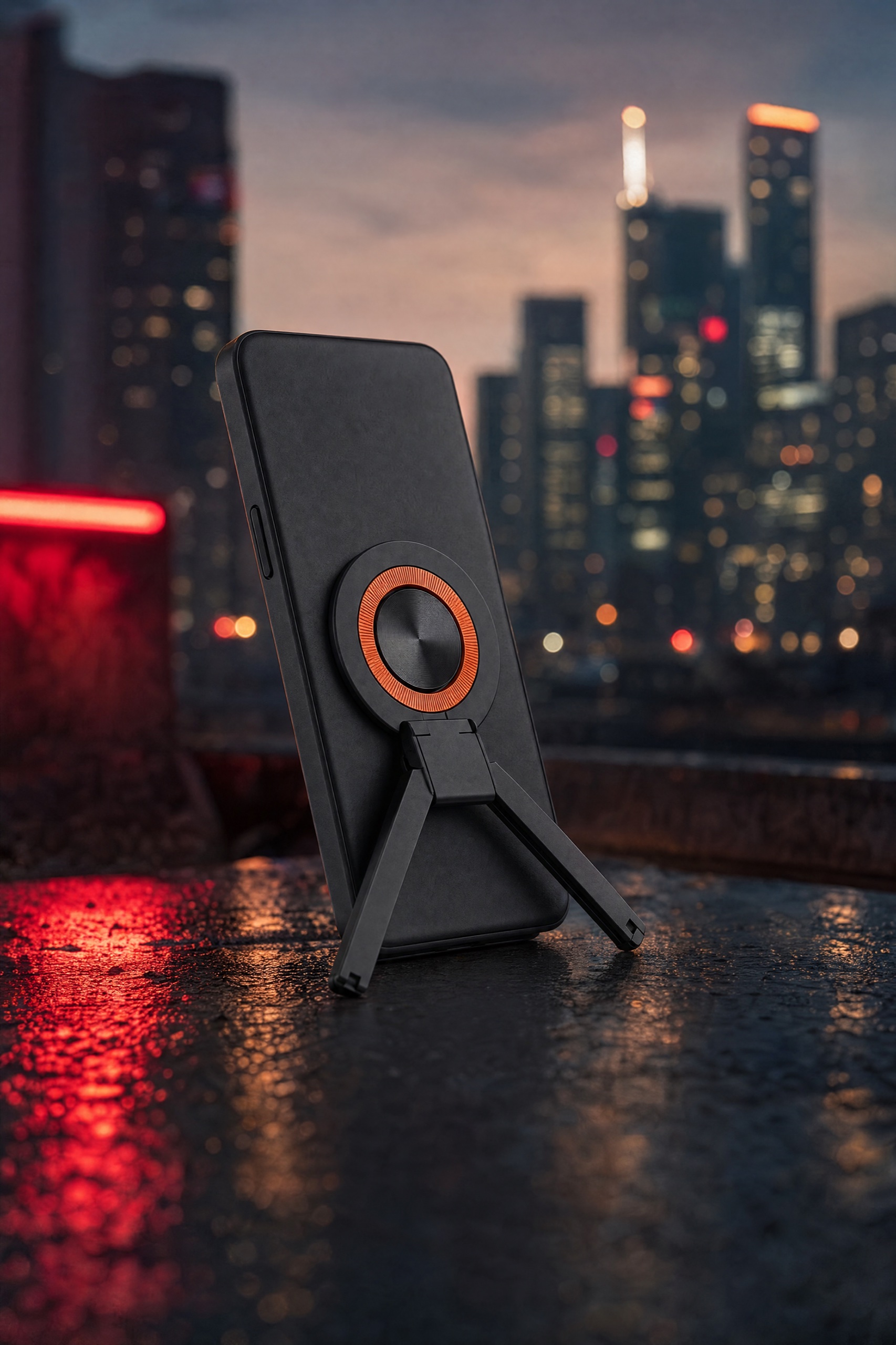 Phone on the ORBIT tripod kickstand at dusk